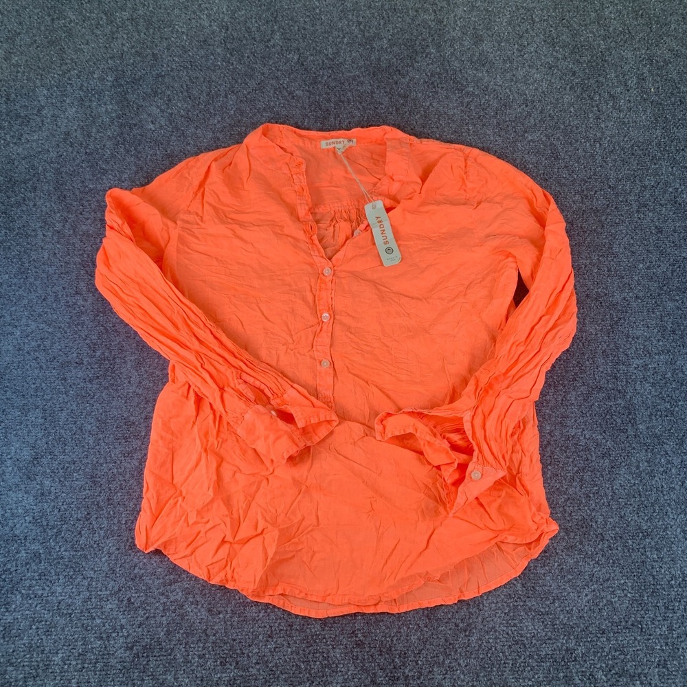 Sundry Blouse Women 1 S Neon Orange New Cotton Button Front Long Sleeve Pullover